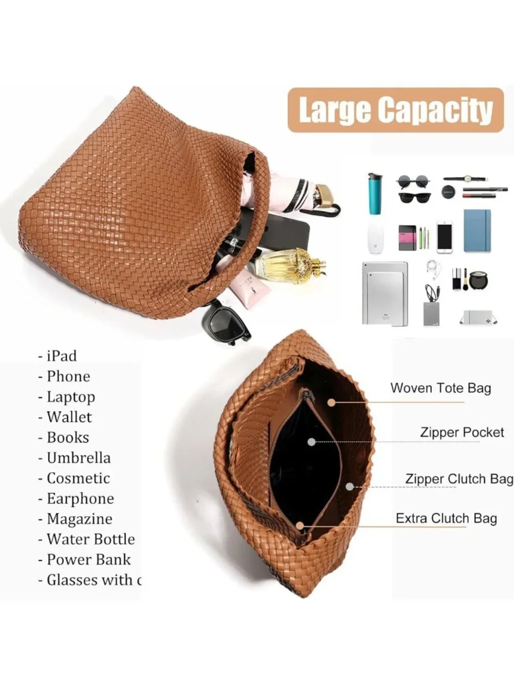 Stylish Woven Tote Bag with Purse, Large Handmade Shoulder Hobo for Commuting